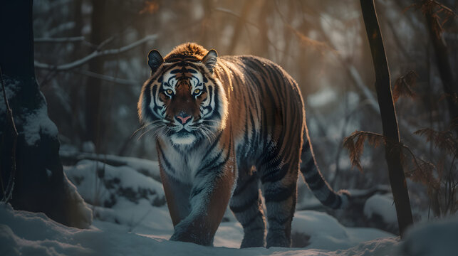 Animal Power - Creative and wonderful colored image of a tiger staning in snow coverd winter forest at afternoon, as true to the original as possible and photo-like