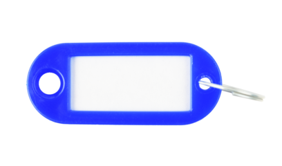 Blue keychain with space for text on a white background.