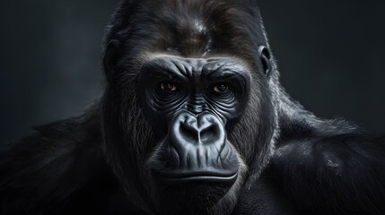 Animal Power -Creative and gorgeous colored frontal portrait of a male gorilla against a dark background that is as true to the original as possible and photo-like