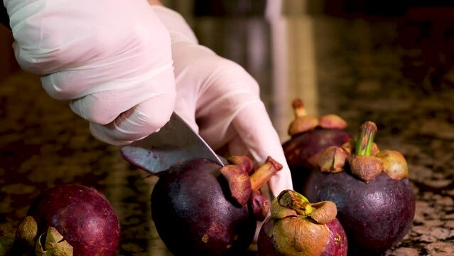 gloved hands cut clean fresh fruit mangosteen purple peel blunt knife hard to cut gloves stone table vitamins