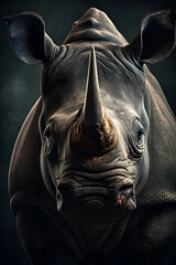 Animal Power - Creative and wonderful colored frontal portrait of a rhinoceros in front of a dark background that is as true to the original as possible and photo-like with studio light