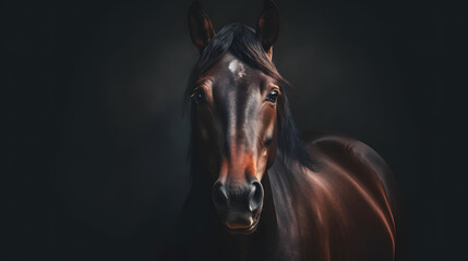 portrait brown beauty horse with white star in front of black background