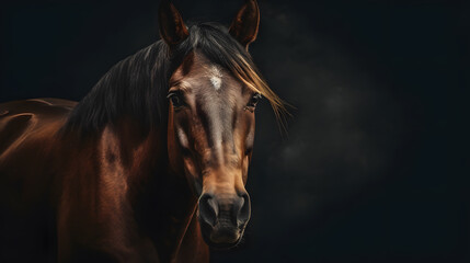 Fototapeta na wymiar portrait brown beauty horse with white star in front of black background