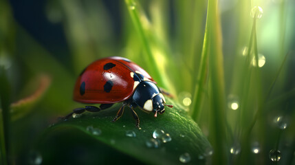 Obraz premium macro shots of a cute ladybug sitting on a blade of grass