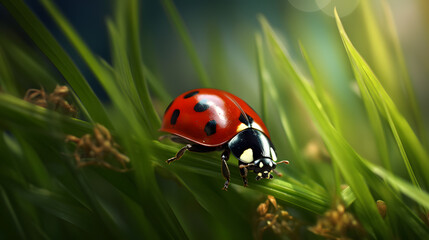 macro shots of a cute ladybug sitting on a blade of grass
