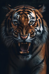 Fototapeta premium Animal Power - Creative and wonderful colored portrait of a roaring männlichen tigers in front of a dark background that is as true to the original and photo-like as possible