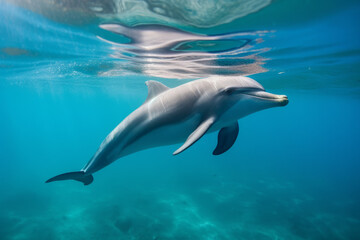 Obraz na płótnie Canvas dolphin underwater in clear ocean, created with Generative AI Technology