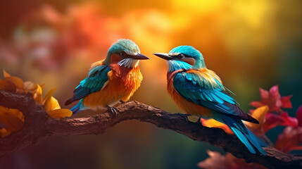 Two beautiful birds of beautiful colors, in love on a branch in the forest,Generative AI