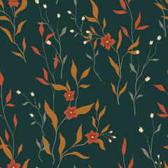 Seamless floral pattern, vintage autumn print with wild flowers branches. Beautiful botanical design with hand drawn plants, small flowers, branches, leaves on a dark background. Vector illustration.