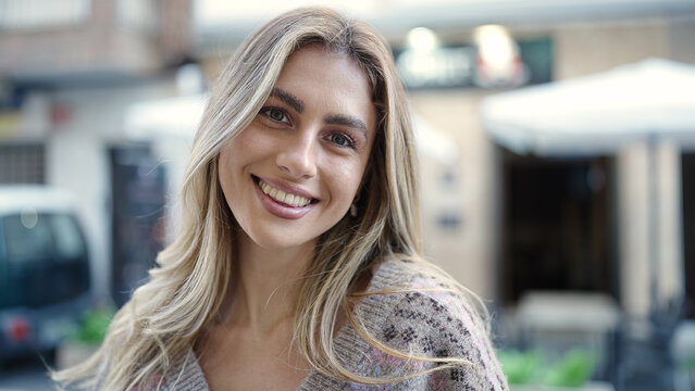 Young Blonde Woman Smiling Confident Standing At Street