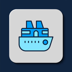 Filled outline Cruise ship icon isolated on blue background. Travel tourism nautical transport. Voyage passenger ship, cruise liner. Worldwide cruise. Vector