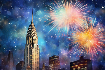 Hand drawn colorful fireworks on the background of the New York night sky. Watercolor style.=. Generative AI - obrazy, fototapety, plakaty