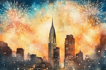 Hand drawn colorful fireworks on the background of the New York night sky. Watercolor style.=. Generative AI