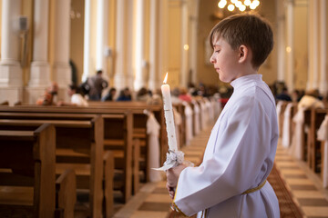 boy before first Eucharist in a catholic church. child in white clothes with a candle in the church