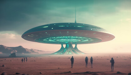 Fototapeta na wymiar Futuristic spaceship levitates over bizarre landscape, glowing blue shape generated by AI