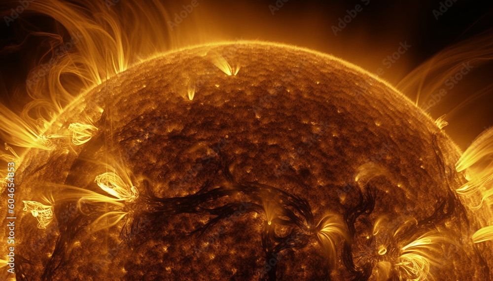 Poster Futuristic sphere illuminates abstract galaxy with glowing fractal patterns generated by AI