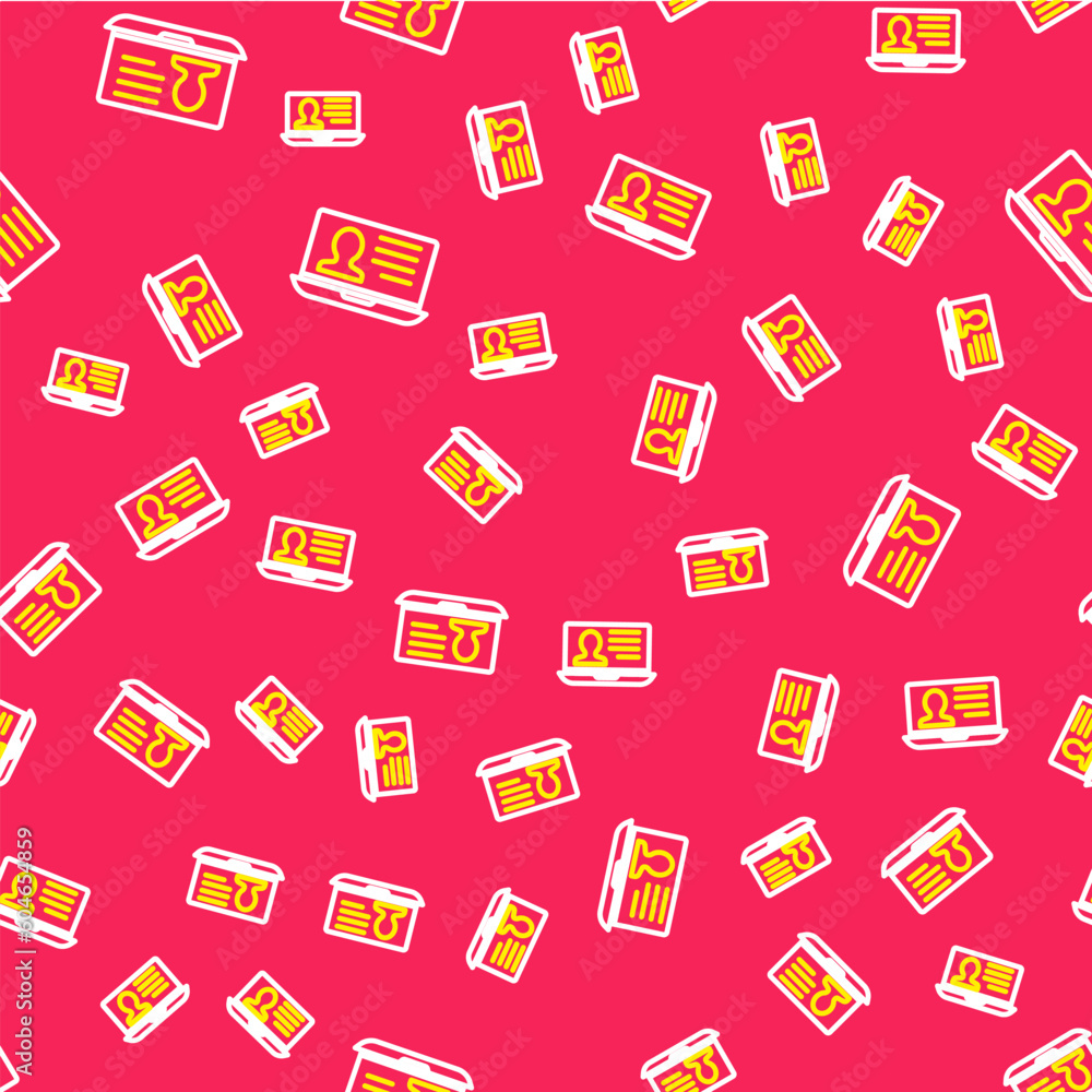 Poster line laptop with resume icon isolated seamless pattern on red background. cv application. searching 