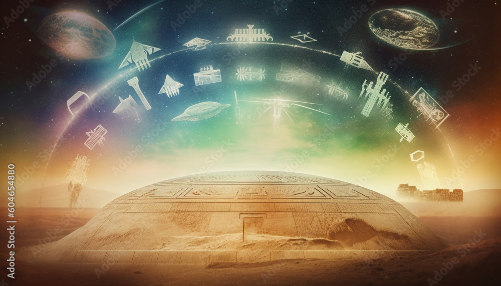 Poster spaceship orbits planet in galaxy, exploring nature futuristic architecture generated by ai