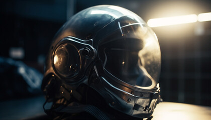 Fototapeta premium One person wearing protective workwear and helmet driving motorcycle indoors generated by AI