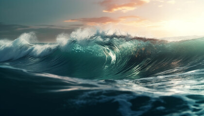 Surfing men ride majestic waves, crashing against idyllic coastline generated by AI