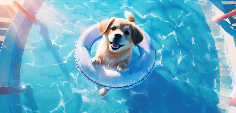 Illustration of a puppy on a pool float by generative AI