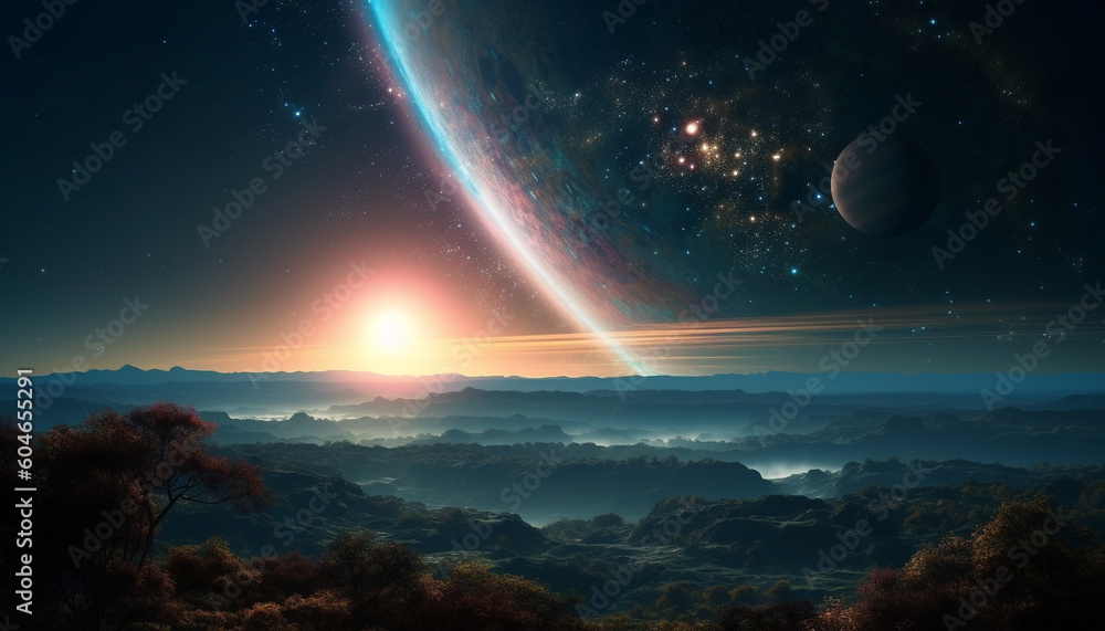Poster exploring the galaxy, a spaceship orbits a starry nebula landscape generated by ai