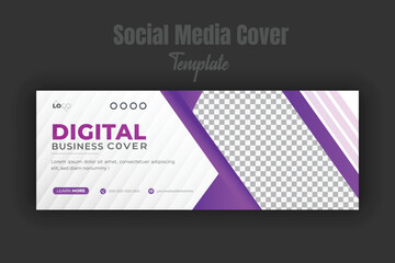 Digital business social media cover page or web banner template for marketing campaign photo space modern layout pink and purple gradient color geometric shape white background