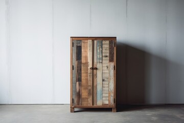 Simple and functional reclaimed wood storage cabinet against a pristine white wall