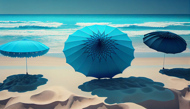 Beautiful blue ocean waves and colorful umbrellas on beach Ai generated image