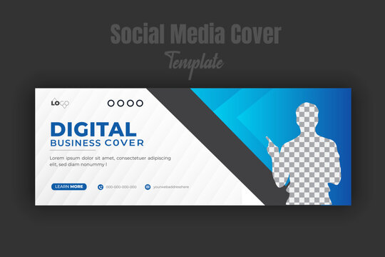 Digital business social media cover page or web banner template for marketing campaign photo space modern layout with blue gradient color geometric shape white background