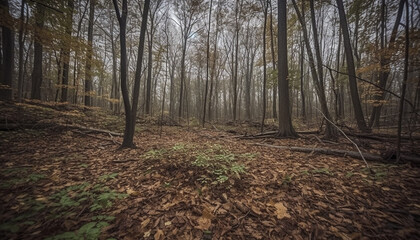 A tranquil autumn day in the forest, vibrant colors abound generated by AI