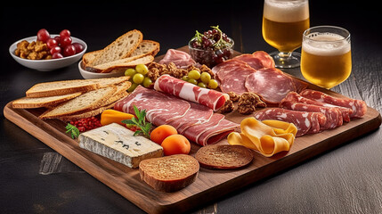 Une bi&egrave;re savoureuse avec un plateau de charcuterie et de fromages,Generative AI