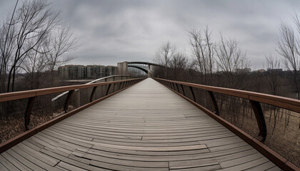 The wooden footbridge vanishes into the autumn forest landscape generated by AI