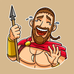 sticker, laughing spartan warrior cartoon character holding a spear wearing a red cape
