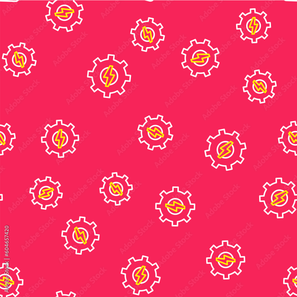 Poster line gear and lightning icon isolated seamless pattern on red background. electric power. lightning 