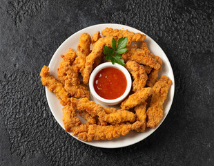 Crispy Shredded Chicken served with sweet chilli sauce. Party finger food snack concept