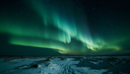 Adventure awaits in the frozen arctic landscape, illuminated by aurora generated by AI