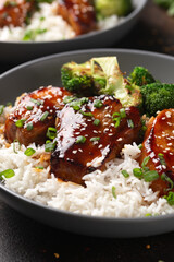 Teriyaki Pork Belly with broccoli, spring onion and rice