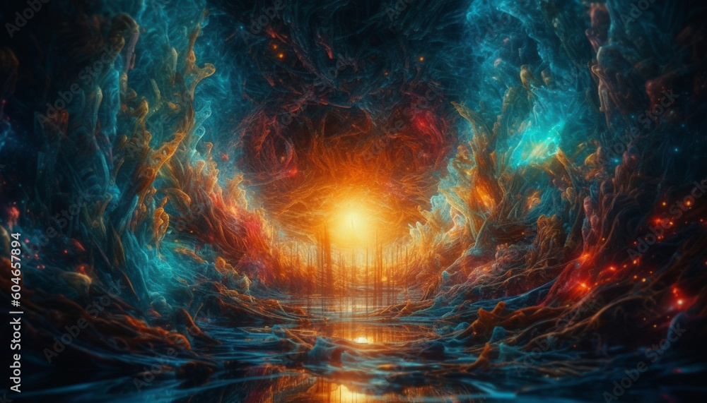 Poster futuristic galaxy explodes in a bright, multi colored chaos backdrop generated by ai
