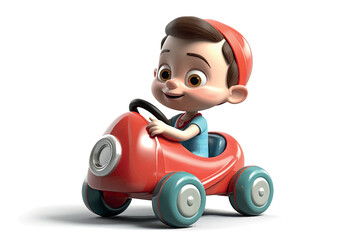 3D cartoon baby in a toy car isolated on white background. Vector graphic