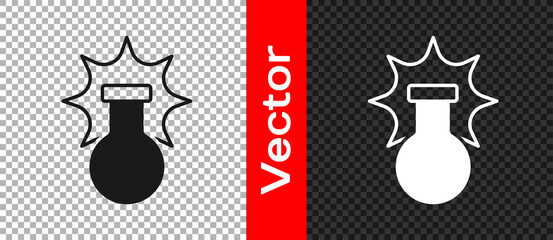 Black Chemical experiment, explosion in the flask icon isolated on transparent background. Chemical explosion in a test tube. Vector