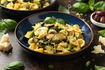 Lemon infused Orecchiette pasta with courgette or zucchini and asparagus