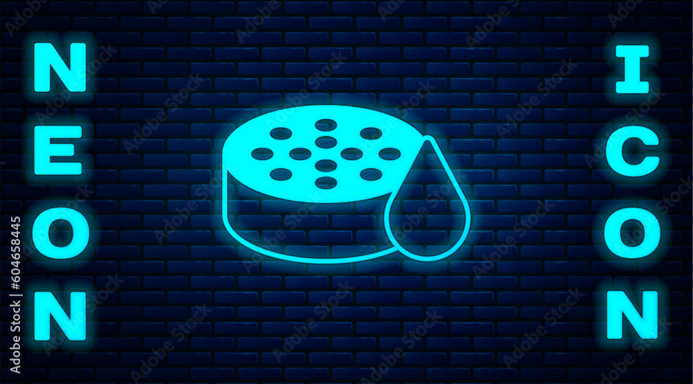 Sticker glowing neon water sensor icon isolated on brick wall background. vector