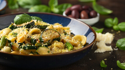 Lemon infused Orecchiette pasta with courgette or zucchini and asparagus