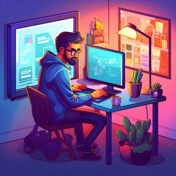 Cartoon computer software engineer sitting at desk and computer working