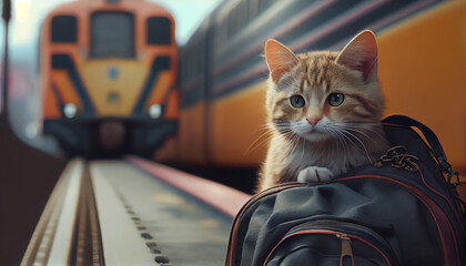 Cute cat with travelling backpack at train station Ai generated image