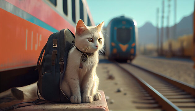 Cute cat with travelling backpack at train station Ai generated image