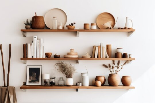 Sustainable wooden bookshelf displaying minimal decor items against a white wall