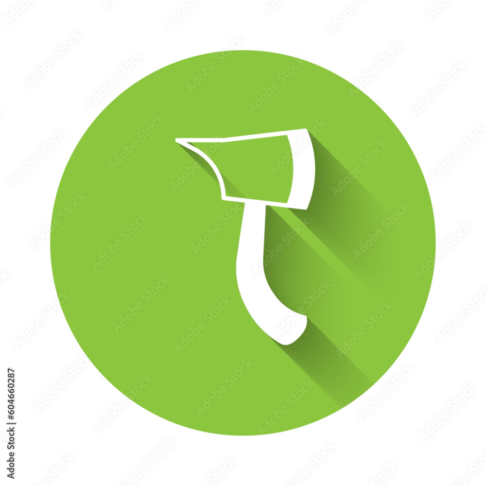 Poster white firefighter axe icon isolated with long shadow background. fire axe. green circle button. vect