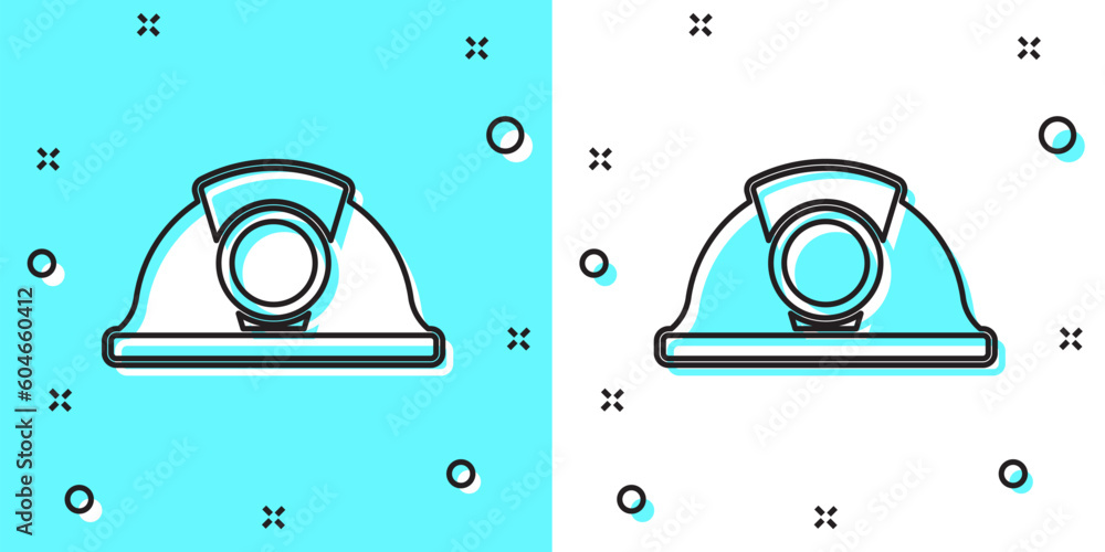 Aufkleber black line miner helmet icon isolated on green and white background. random dynamic shapes. vector